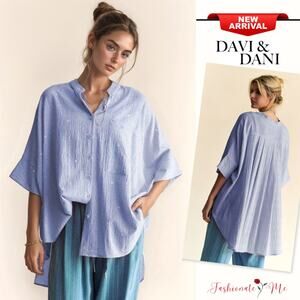 Davi & Dani Rhinestone Pleated Back Design Short Sleeves Oversized Shirt | Blue